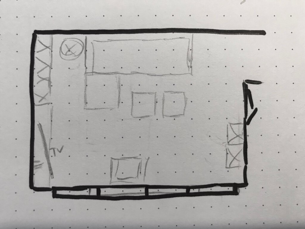 Handgezeichnete Grundriss-Skizze eines Wohnzimmers mit Sofa, TV und Sessel in rechteckigem Raum.