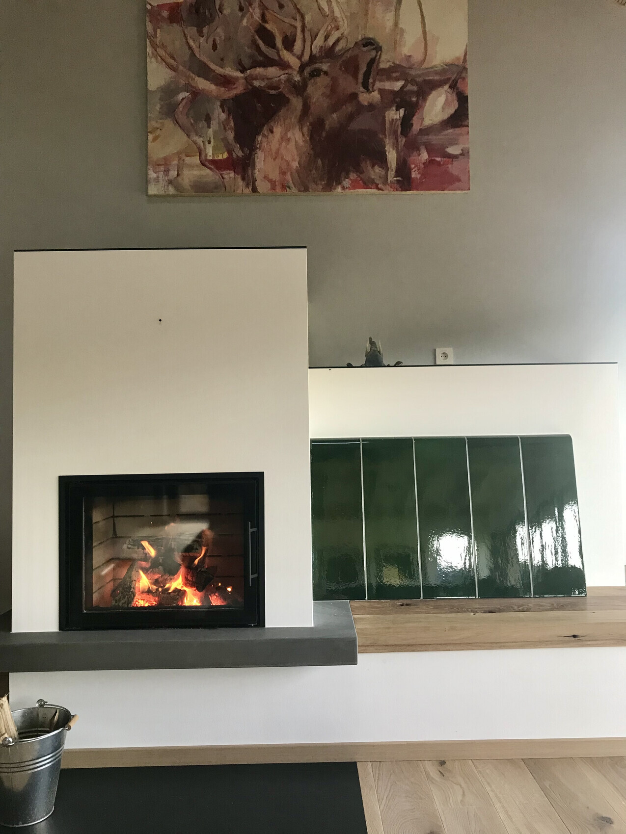 Moderne Feuerstelle mit weißem Kamin, Flamme hinter Glas, grüne Fliesen rechts, Holzboden und Hirschbild.