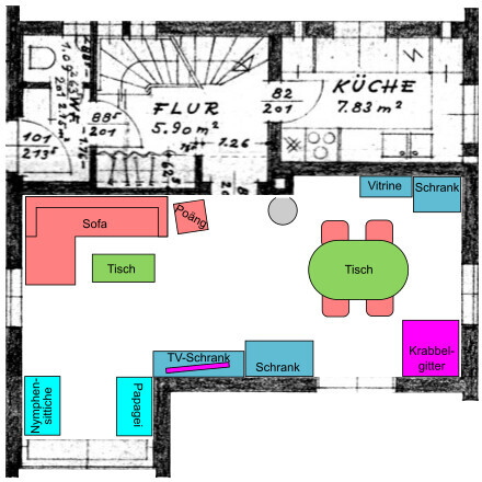 2D-Grundriss eines Wohnzimmers mit Sofa, Esstisch, TV-Schrank und Küchenbereich