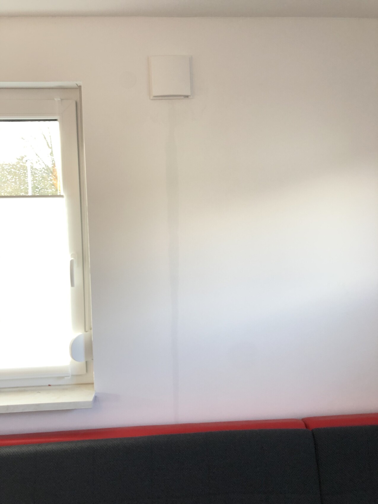 Helles wohnzimmer mit weisser wand, fenster links, graues sofa mit rotem akzent