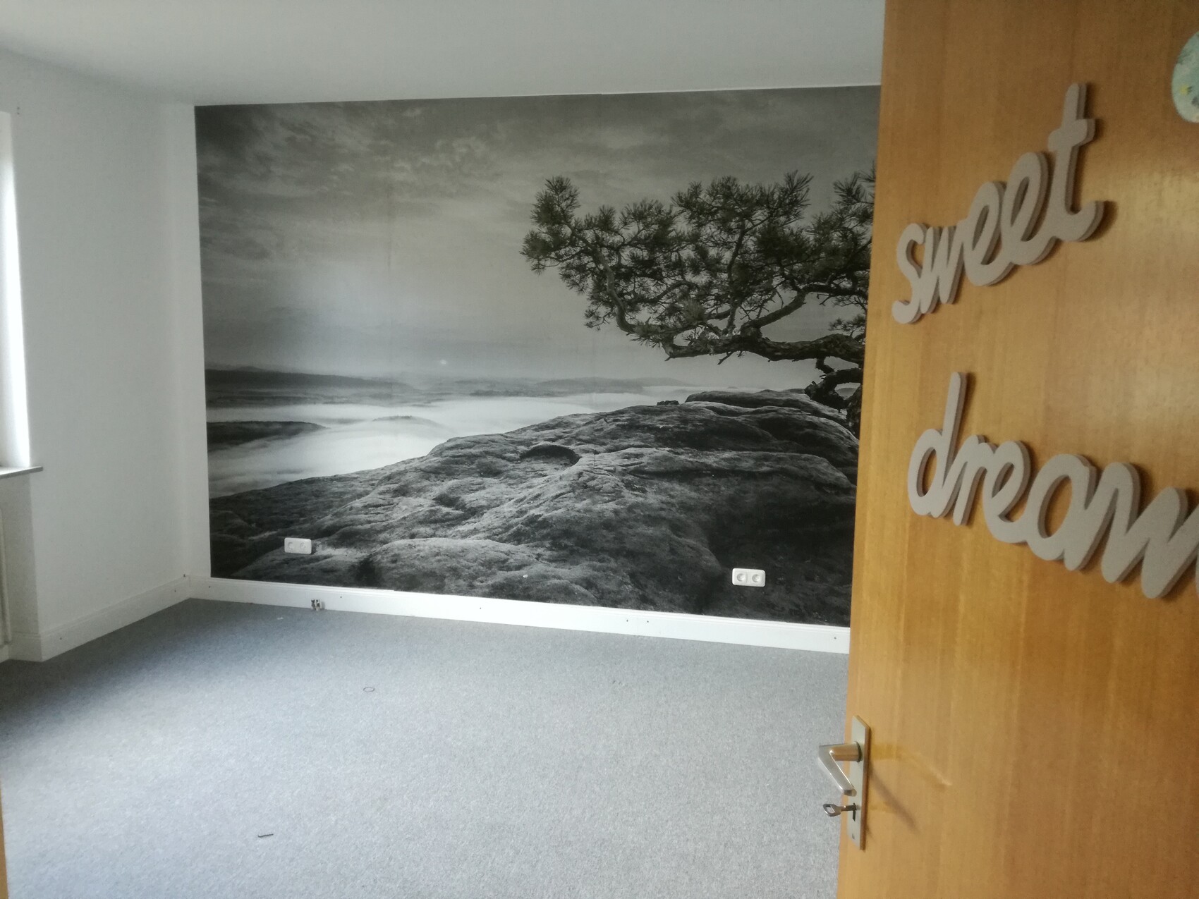 Schwarz-weißes Wandbild mit Felsen, Meer und Baum; Tür mit Schriftzug "sweet dreams".