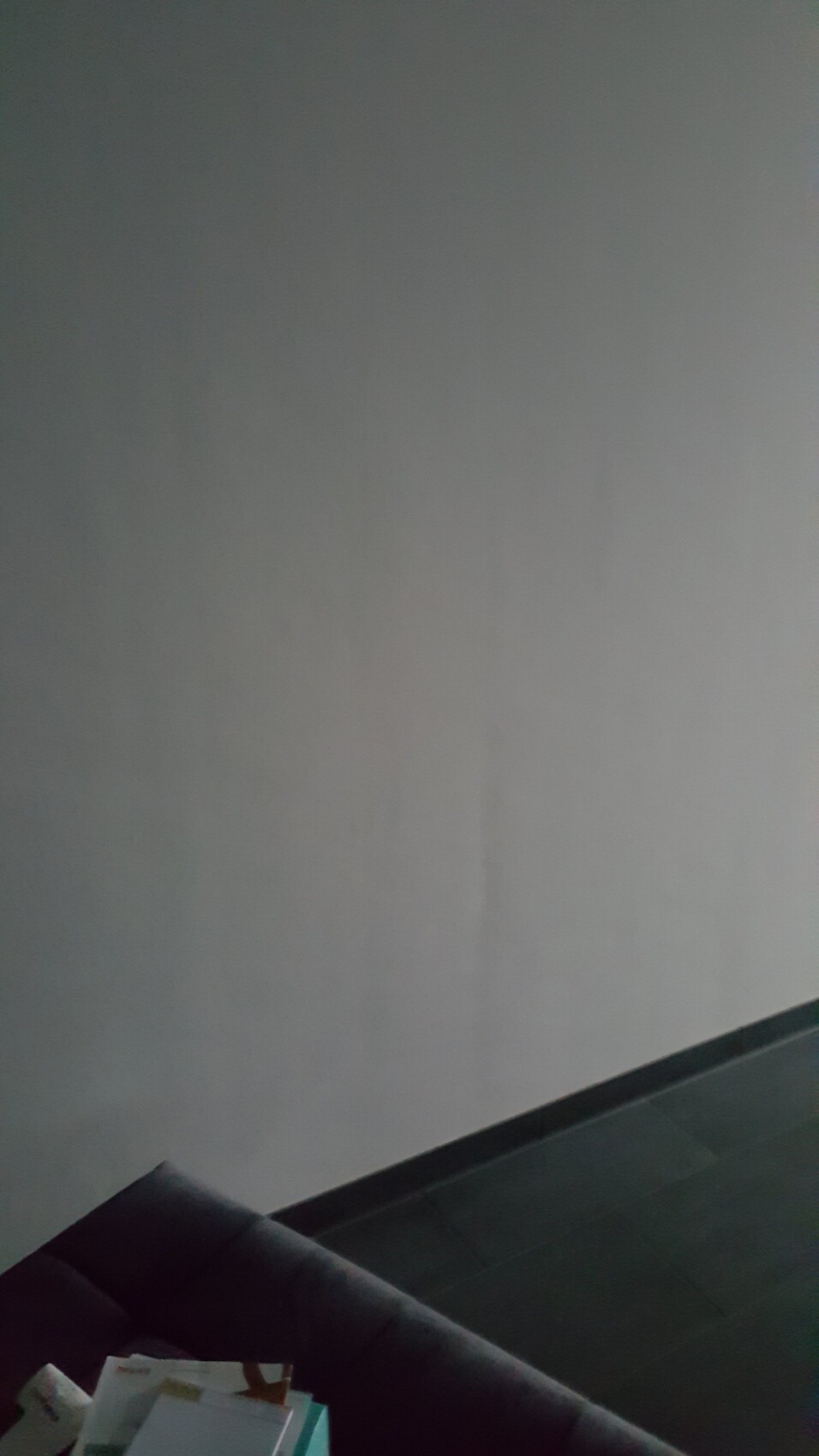 Sicht auf graue Wohnzimmerwand mit dunklem Sofa und Papieren