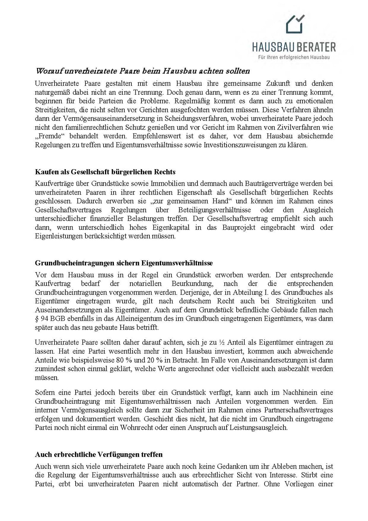Seite eines Rechtsdokuments zum Hausbau mit Logo HAUSBAU BERATER oben rechts