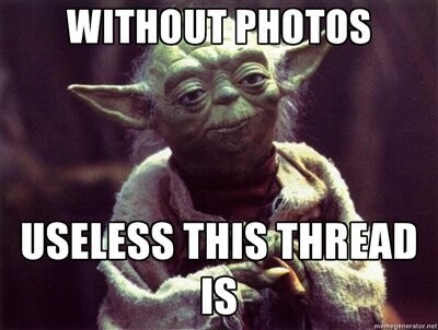 Yoda-Meme mit dunklem Hintergrund und Text 'Without Photos' und 'Useless This Thread'.