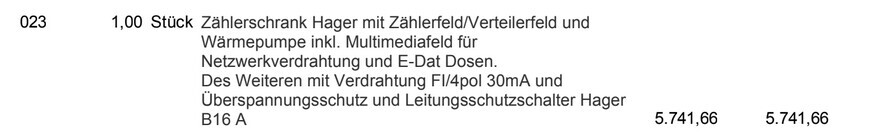 Textdokument mit Zähler- und Verteilerschrank, Wärmepumpe, Multimediafeld und Schutzschaltern