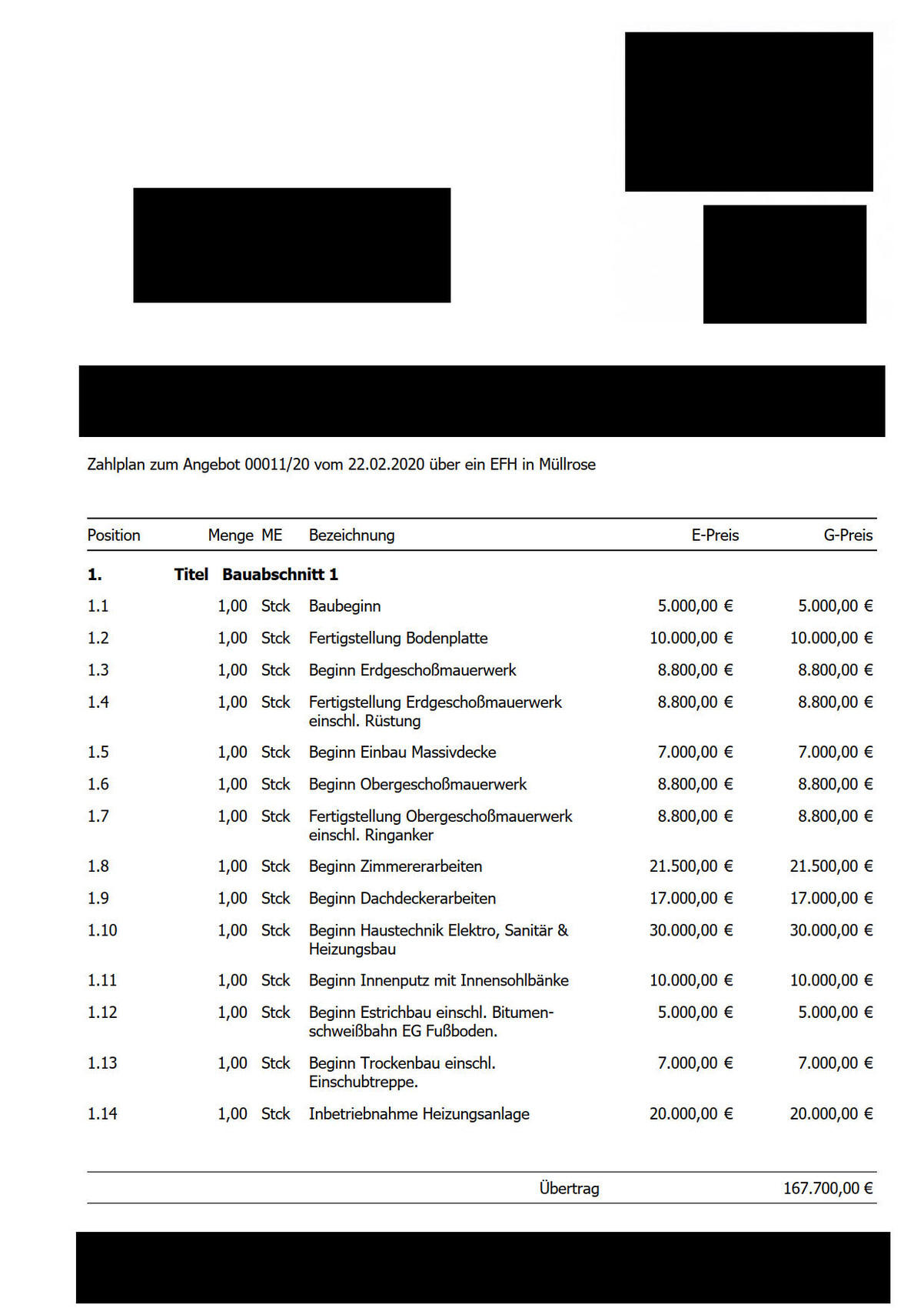 Zahlplan zu Angebot 00011/20 (EFH Müllrose); Tabelle mit Positionen und Preisen.