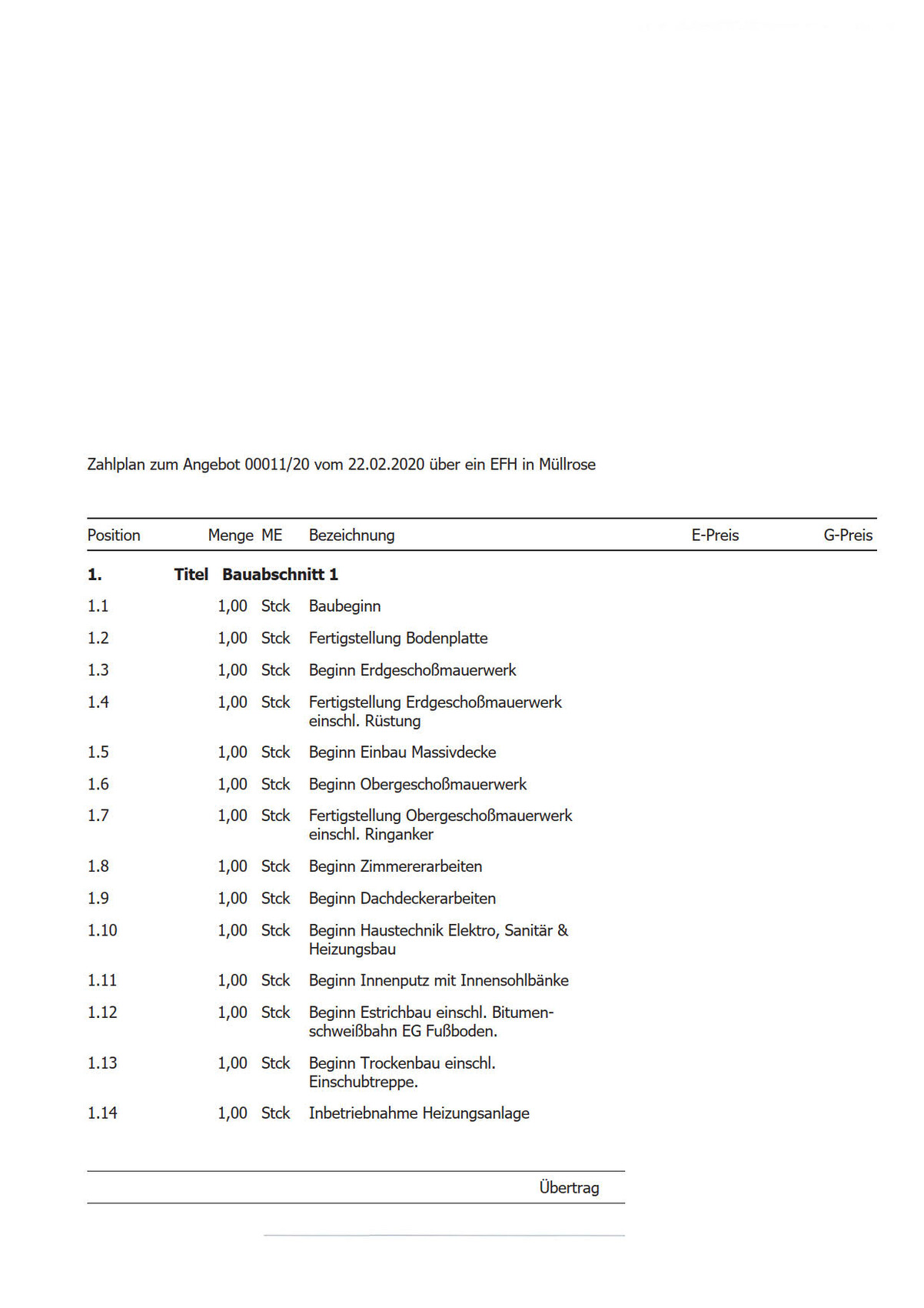 Zahlplan zum Angebot 00011/20 für ein EFH in Müllrose mit Bauabschnitten und Positionen.
