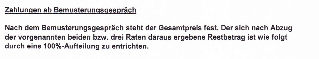 Textdokument mit Überschrift Zahlungen ab Bemusterungsgespräch und erklärendem Absatz