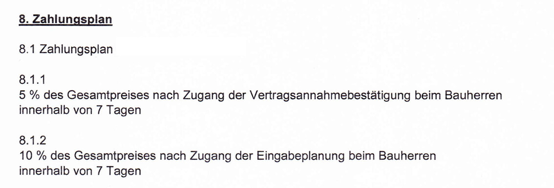 Seitenabschnitt aus Bauvertrag mit Zahlungsplan und Zahlbeträgen 5% und 10%.