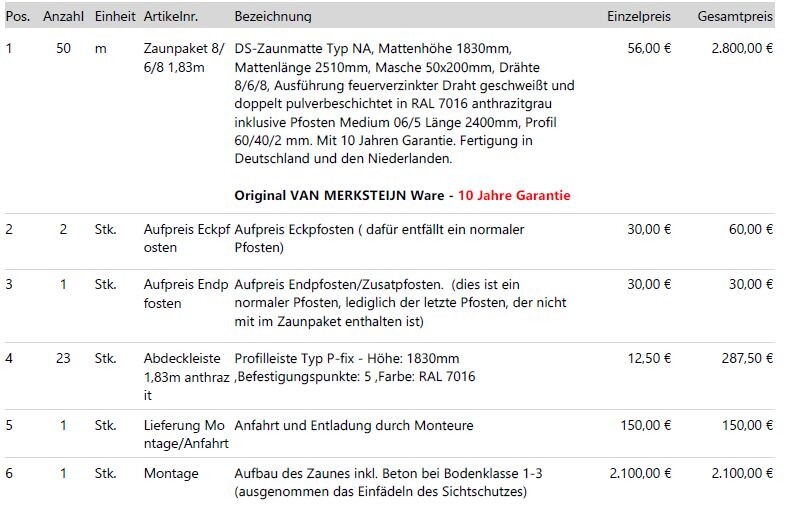 Screenshot einer Angebotsliste für Gartenzaunpaket mit Pfosten, Draht und Montagesatz