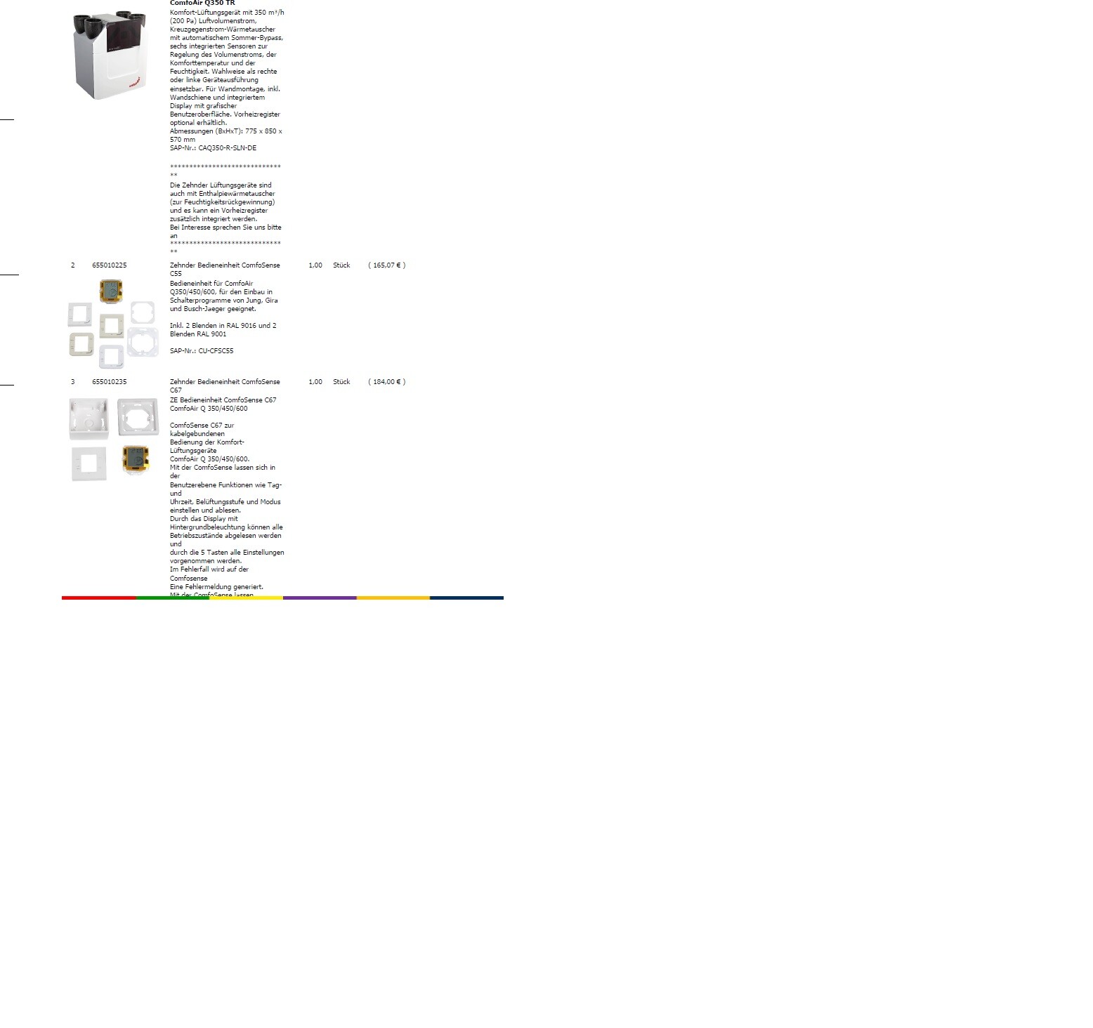 ComfoAir Q350 Lüftungsgerät mit Display; daneben Produktabbildungen von Bauteilen.