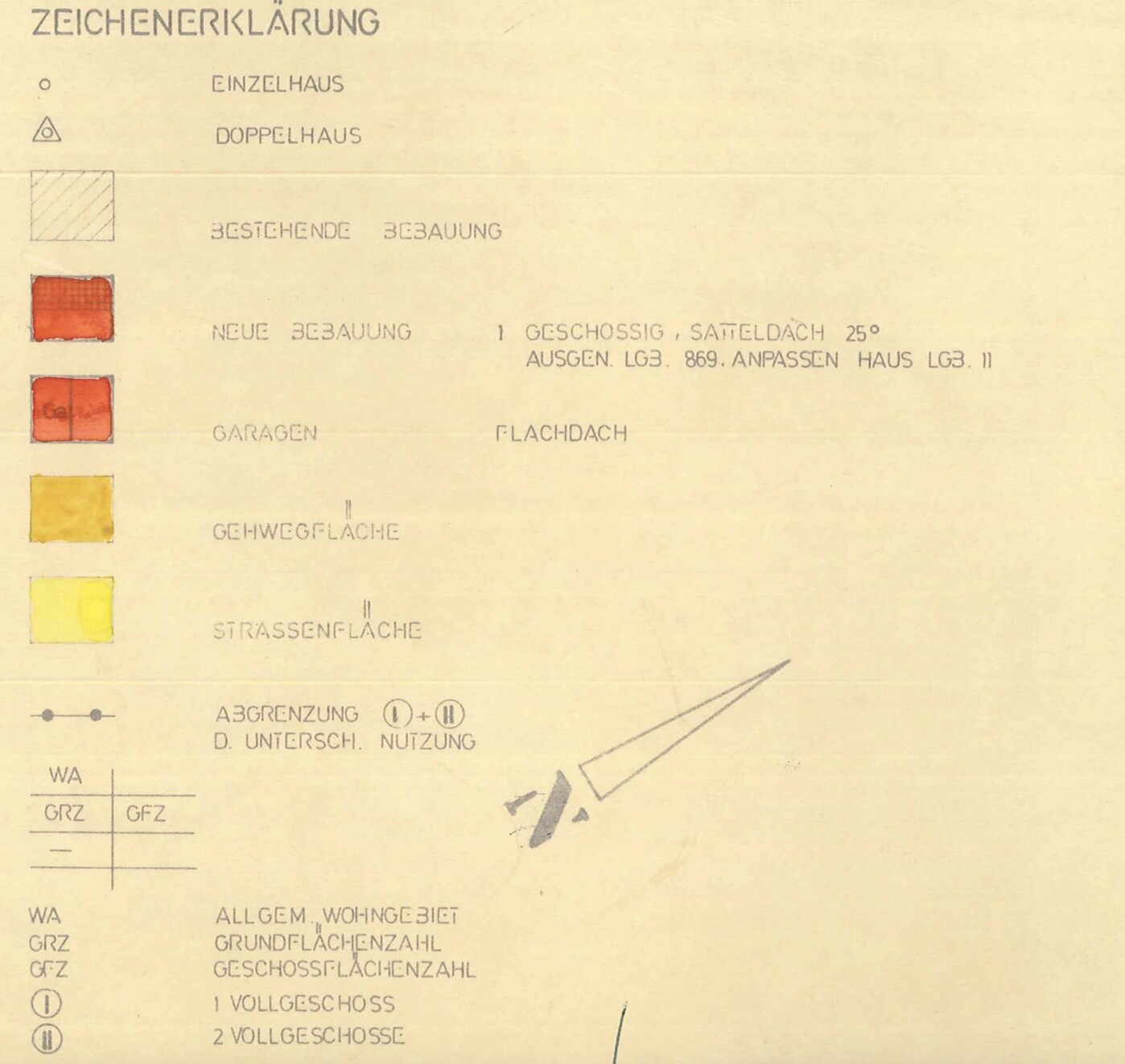 Bauzeichnungs-Legende: Symbole für Ein- und Doppelhaus, Garagen, Farbfelder (Rot, Gelb).