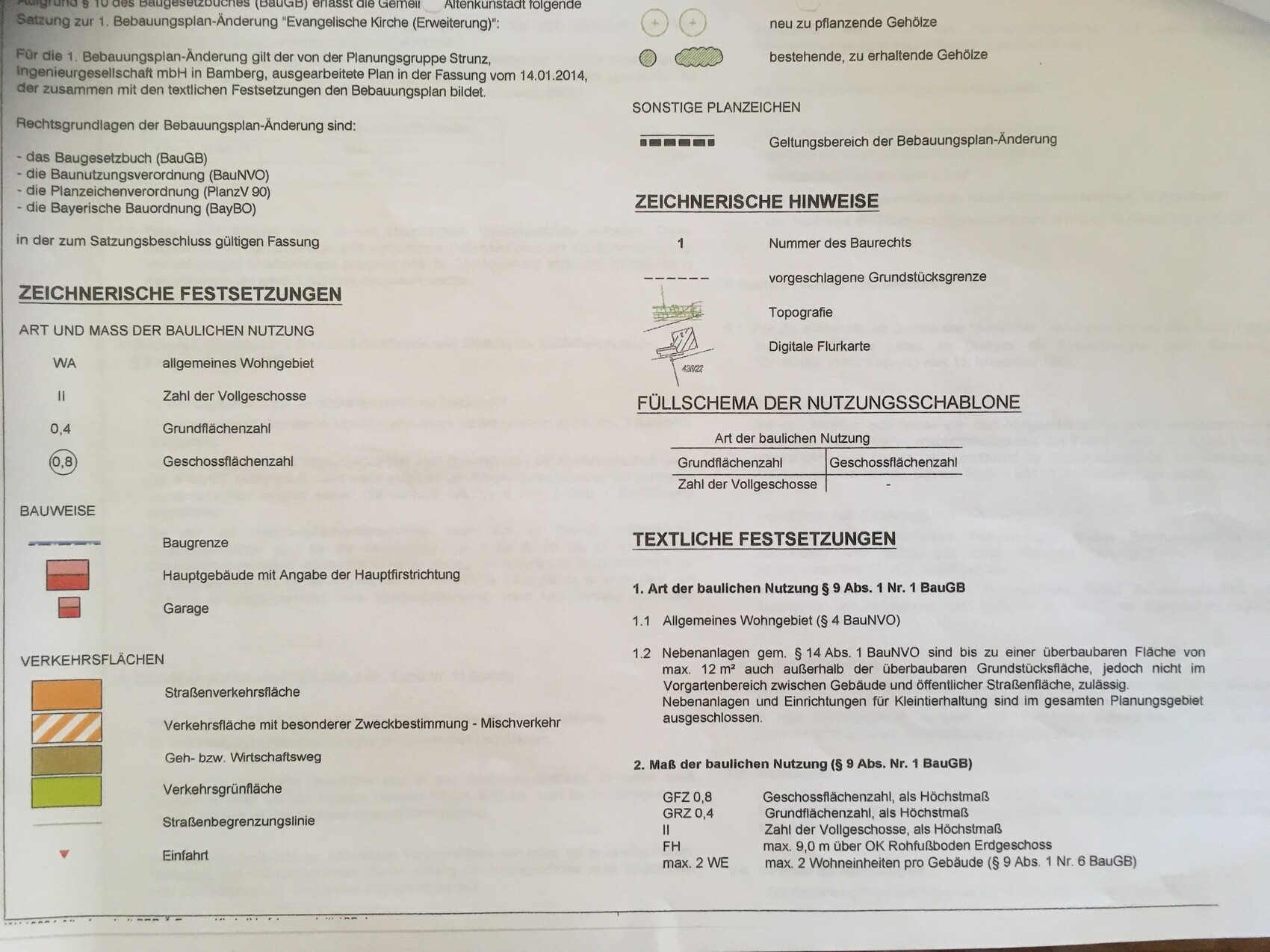 Deckblatt eines Bebauungsplans mit Legende, Zeichnungen der Festsetzungen und Textfeldern.