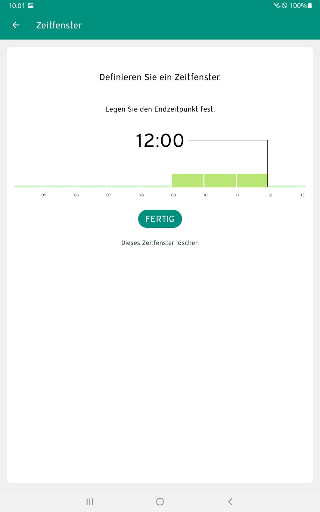 Screenshot einer App: Zeitfenster festlegen, Endzeitpunkt 12:00, grüne Balken zeigen das Fenster.