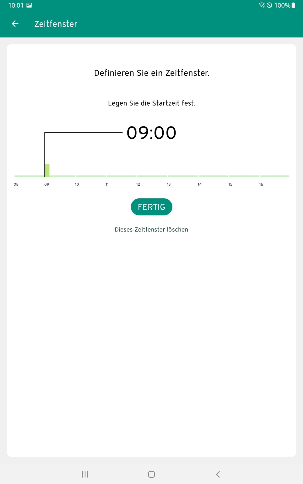 Definiertes Zeitfenster: Startzeit 09:00 ausgewählt, Fertig-Button sichtbar