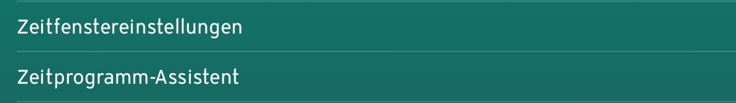 UI mit zwei tealfarbenen Balken: Zeitfenstereinstellungen und Zeitprogramm-Assistent.