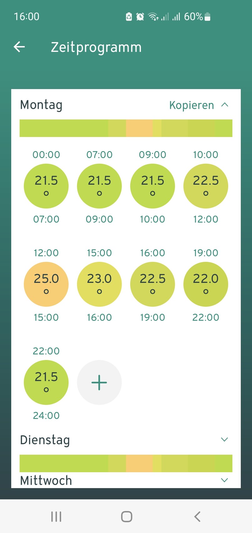Zeitprogramm-App: Montag-Ansicht mit farbigen Temperaturkreisen und Uhrzeiten.