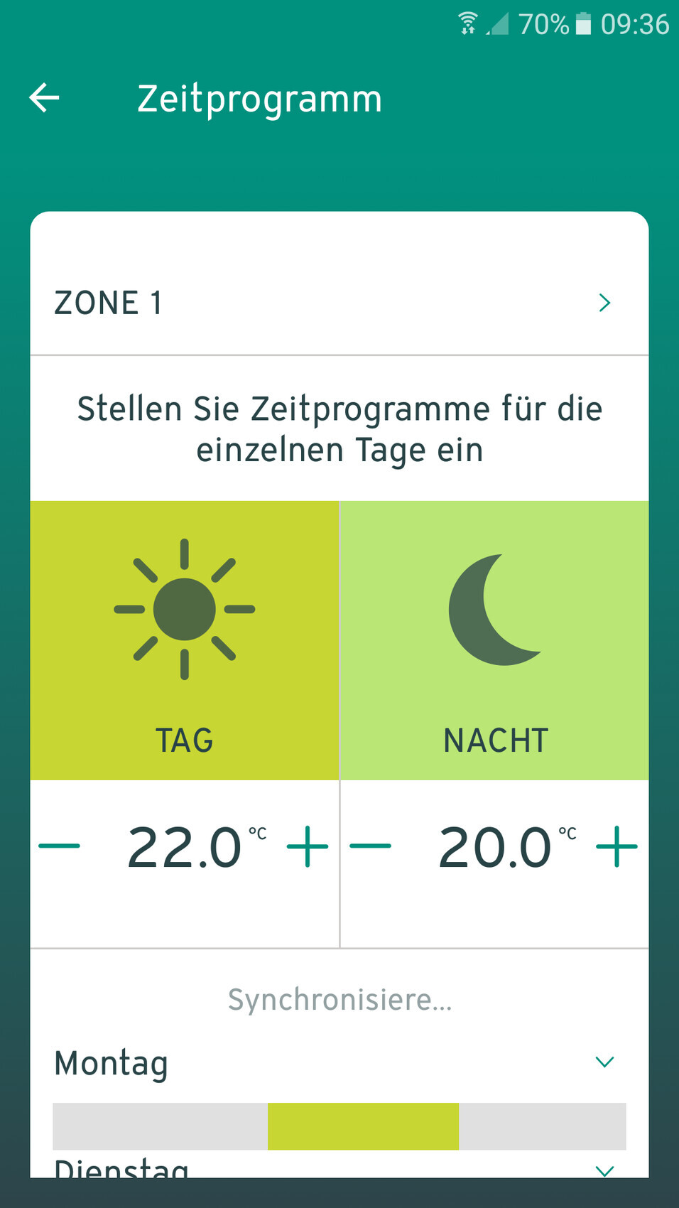 Bildschirm einer App zur Zeiteinstellung: Zone 1, Tag- und Nacht-Regler mit Sonne/Mond.