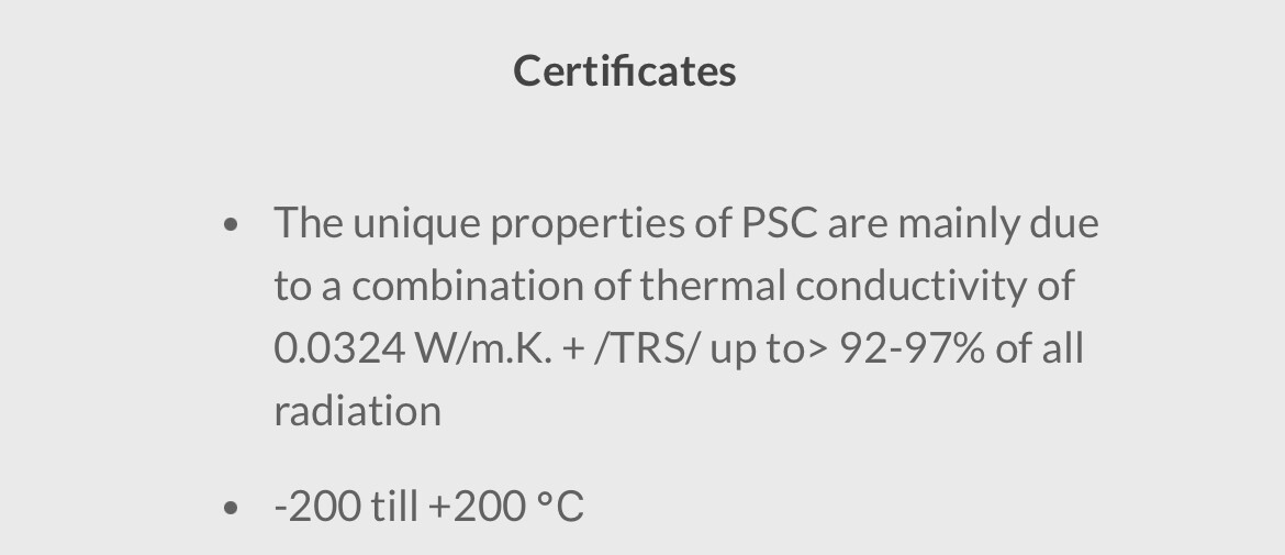 Zertifikate-Folie: PSC-Eigenschaften, Wärmeleitfähigkeit 0,0324 W/mK, -200 bis +200 °C