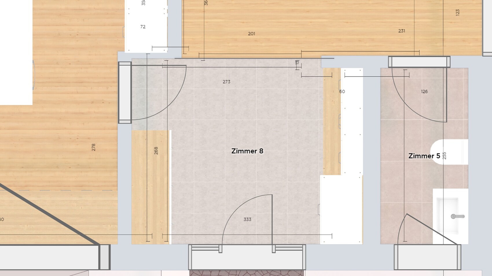Grundriss: Zimmer 8 mit grauen Fliesen, angrenzendes Zimmer 5 mit Bad und Waschbecken, Türen.