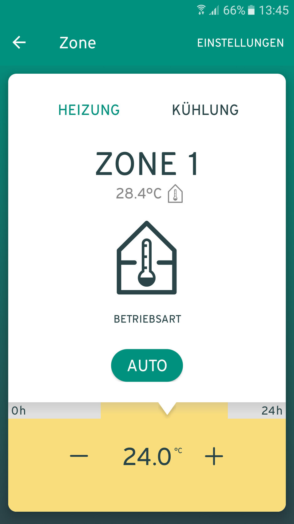 Thermostat-App: Zone 1, 28,4°C, Auto-Modus, Heiz- und Kühlsteuerung.