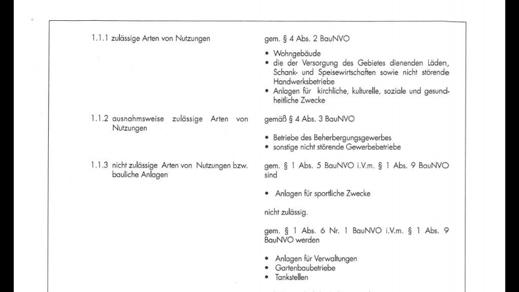 Dokumentseite mit Gliederung zu zulässigen Nutzungen (1.1.1–1.1.3) und Aufzählungspunkten.