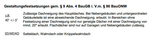 Ausschnitt eines Bauplans mit Angaben zur zulaessigen Dachneigung und Dachformen.