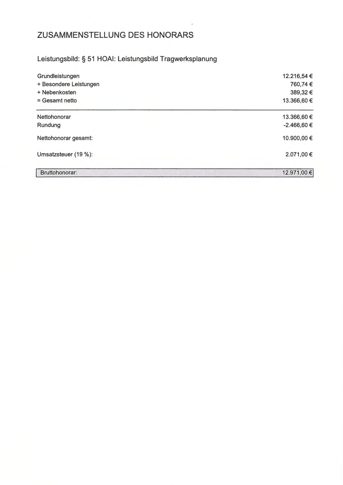 Zusammenstellung des Honorars für Tragwerksplanung nach HOAI; Netto- und Bruttohonorar.