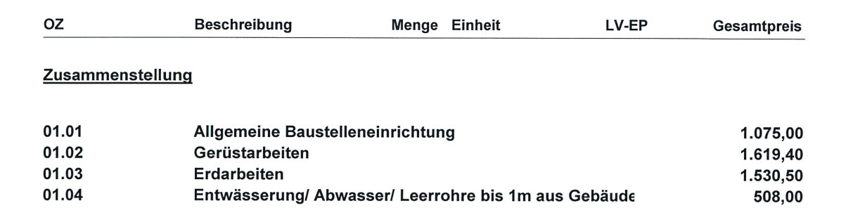Kostenliste der Bauleistungen: Baustelleneinrichtung, Gerüstarbeiten, Erdarbeiten, Entwässerung.
