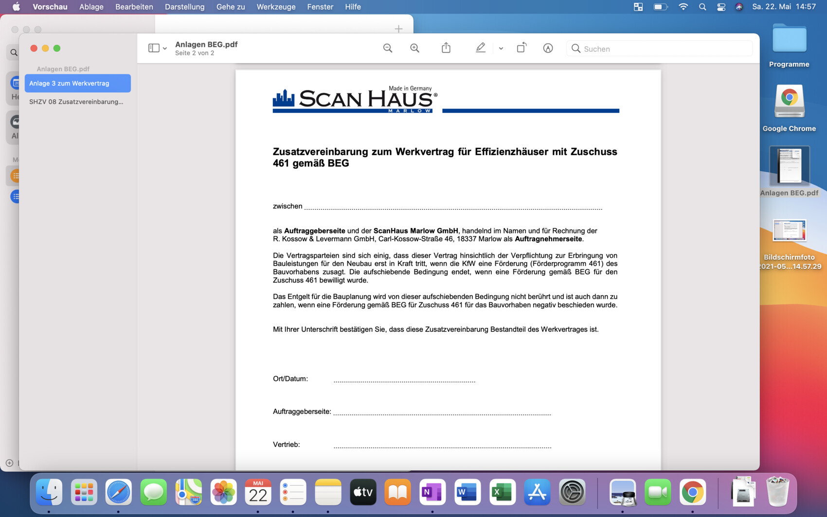 Mac-Screenshot eines ScanHaus-PDF mit Titel Zusatzvereinbarung zum Werkvertrag
