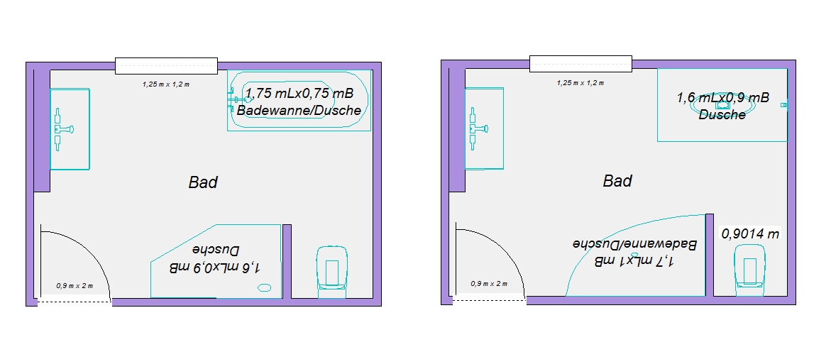 Zwei Badezimmer-Grundrisse mit Badewanne/Dusche, Waschbecken, Toilette und Türbogen.