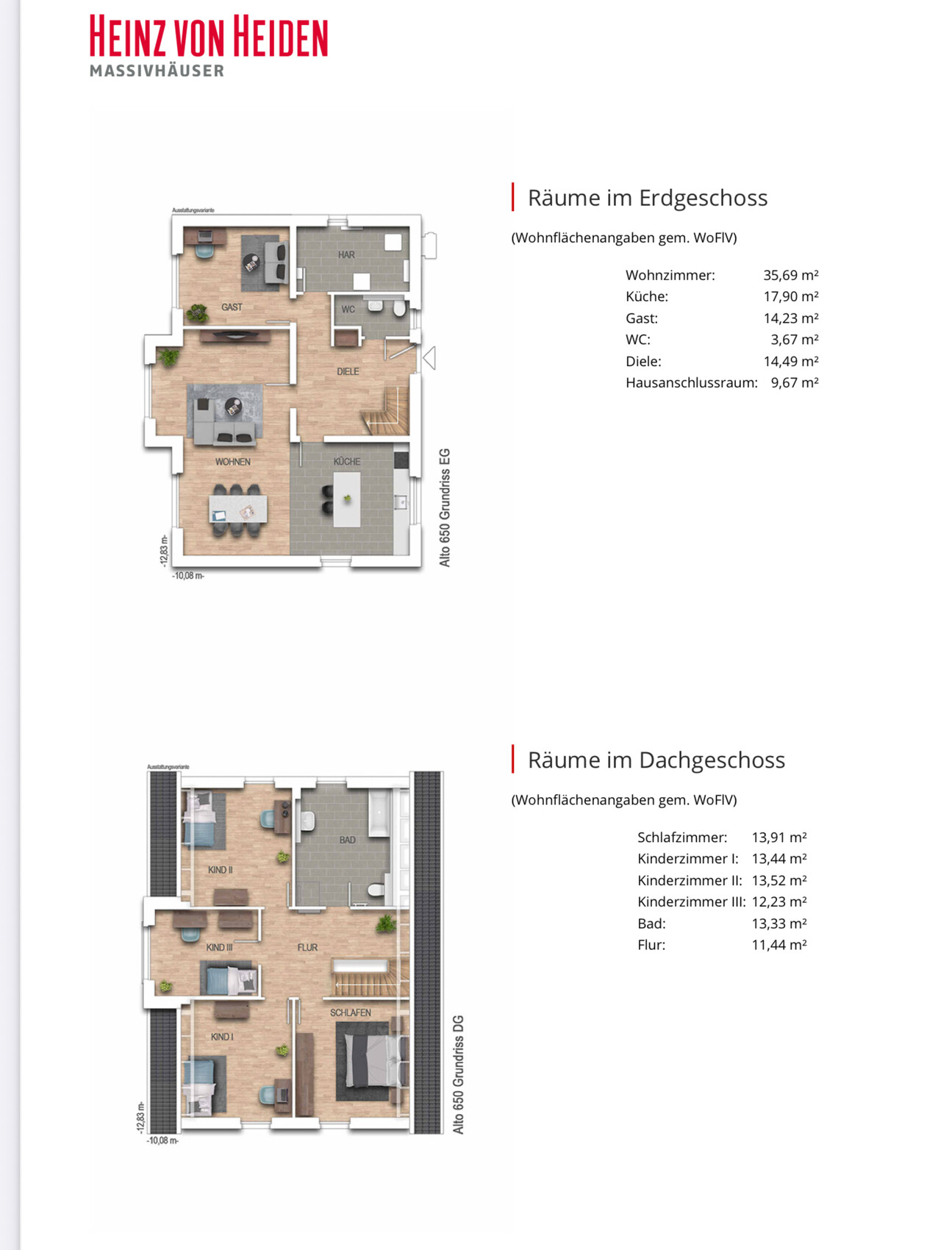 Zwei-Etagen-Hausgrundriss mit Kuche und Wohnen im Erdgeschoss, Schlafzimmer im Dachgeschoss