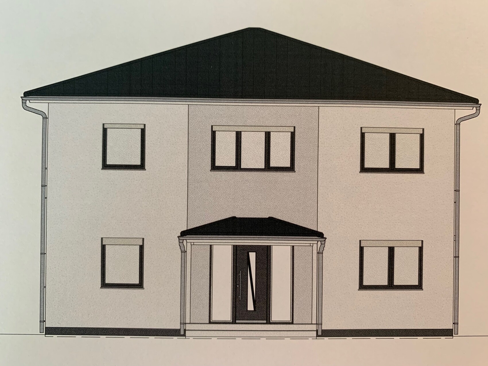 Zweistöckiges Haus mit zentralem Vordach-Eingang und symmetrischen Fenstern.