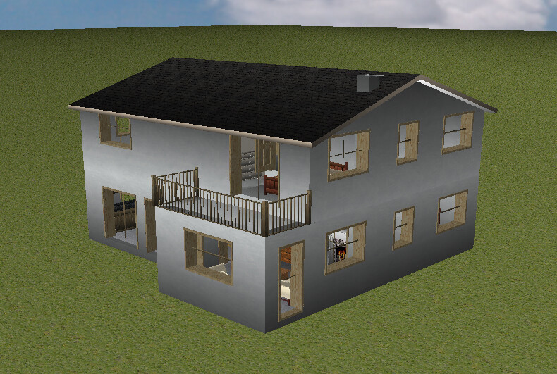 Zweistöckiges graues Haus mit Balkon und gruenes Grasland.