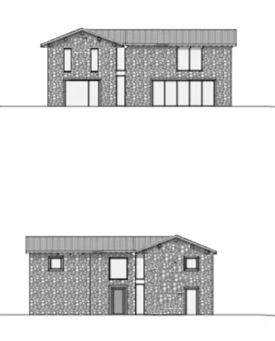 Ansicht eines zwei-geschossigen Hauses mit Steinfassade und Garage