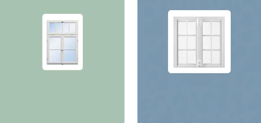 Zwei Fenster vor grüner und blauer Wand, jeweils weißer Rahmen.