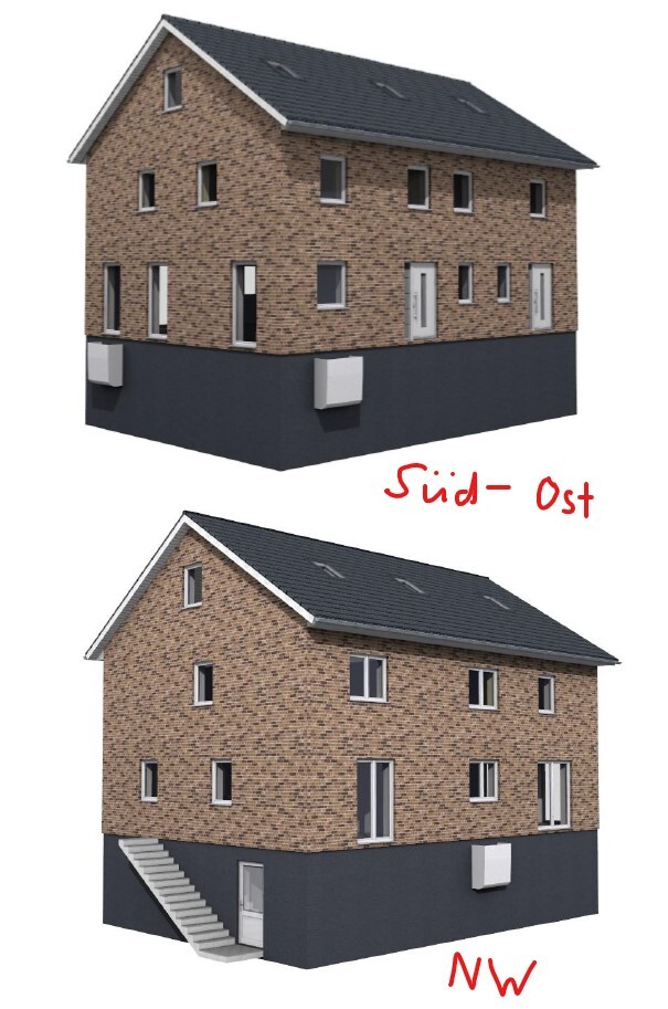 Zweistöckiges braunes Ziegelhaus mit dunklem Sockel; zwei Ansichten (Süd-Ost, NW).