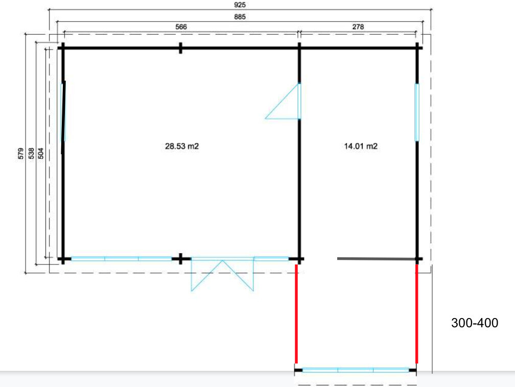 Grundriss: zwei Räume, links 28,53 m2, rechts 14,01 m2, mit Türen und Fenstern.