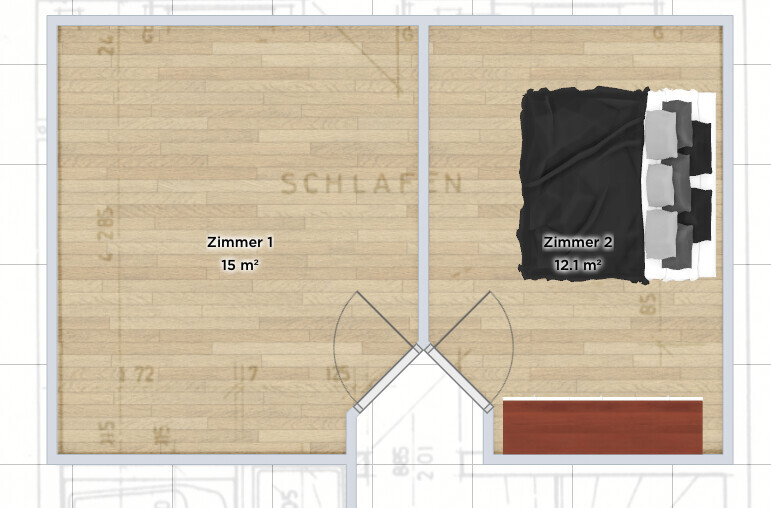 Zwei-Zimmer-Grundriss: links Zimmer 1 leer, rechts Zimmer 2 mit Bett.