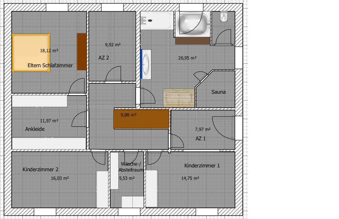 Grundriss eines Hauses: Elternschlafzimmer Ankleide Kinderzimmer 1, 2 Wäsche/Abstellraum Bad Sauna
