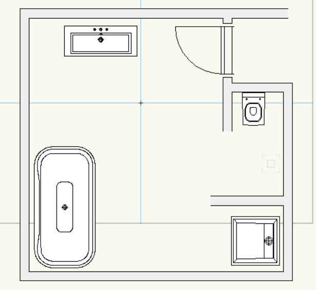 2D-Badgrundriss mit Badewanne links, Waschbecken oben links, Toilette rechts und Dusche unten rechts.