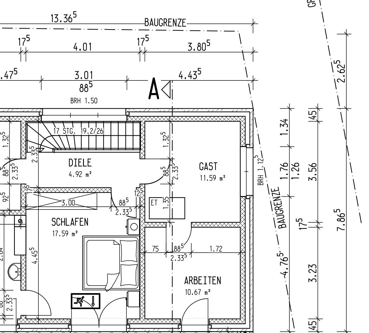Zweidimensionaler Bauplan eines Hauses mit Diele, Schlafzimmer, Gastzimmer und Arbeitsraum.