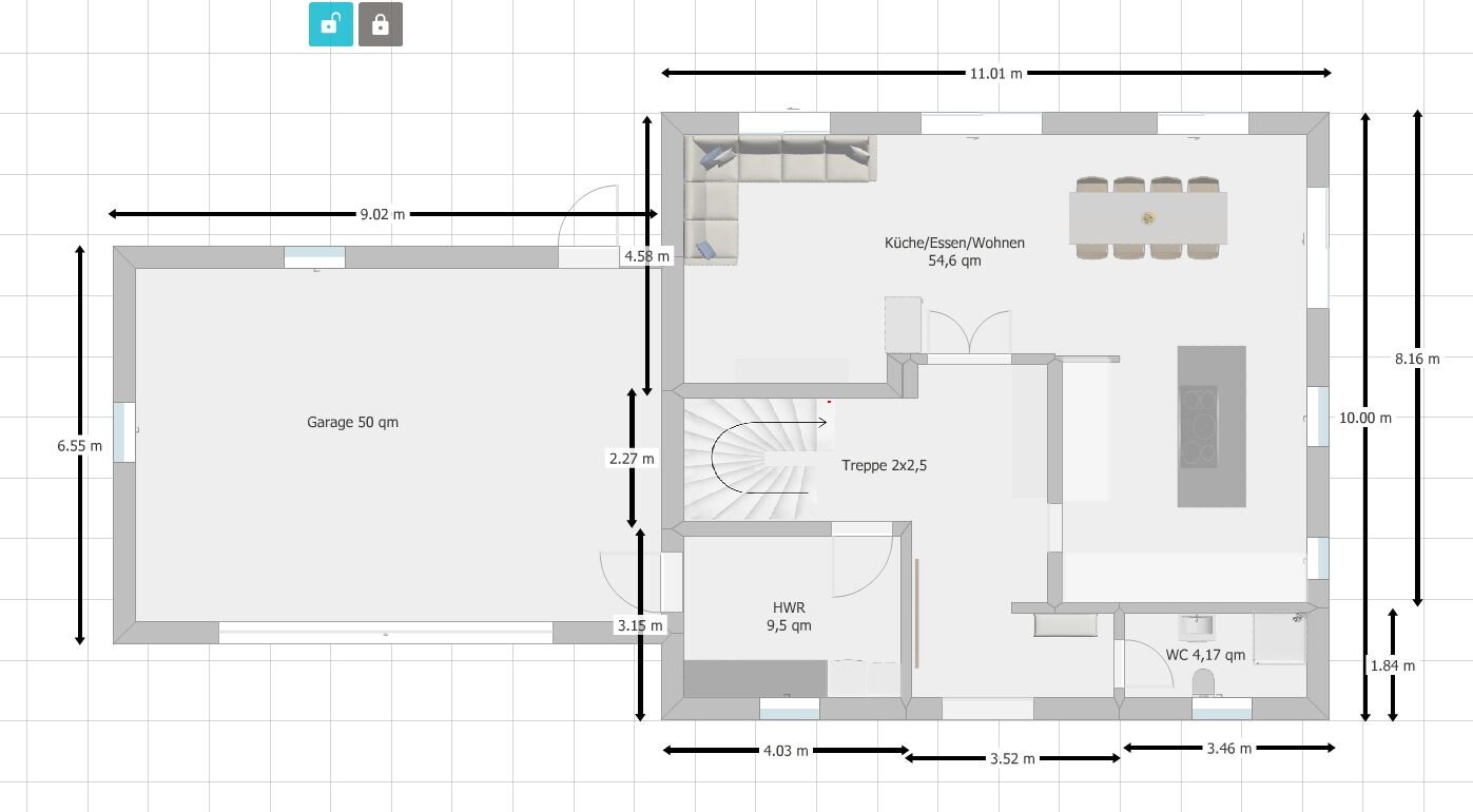 Grundriss: linke Garage, rechte Küche/Essen/Wohnen, Treppe, HWR und WC.