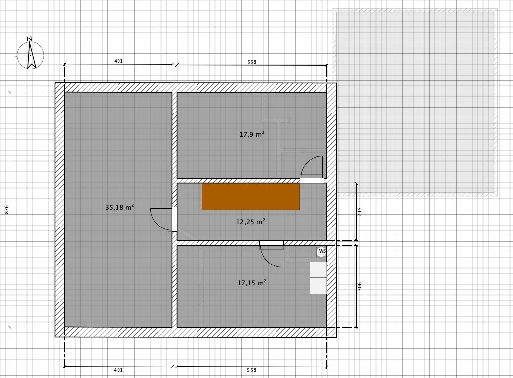 Grundriss eines Hauses: links 35,18 m²; rechts 17,9/12,25/17,15 m²; brauner Möbelblock.