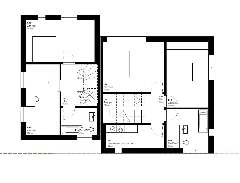 Grundriss eines zweigeschossigen Hauses mit zwei Treppen, Fluren, Zimmern und Bad/WC