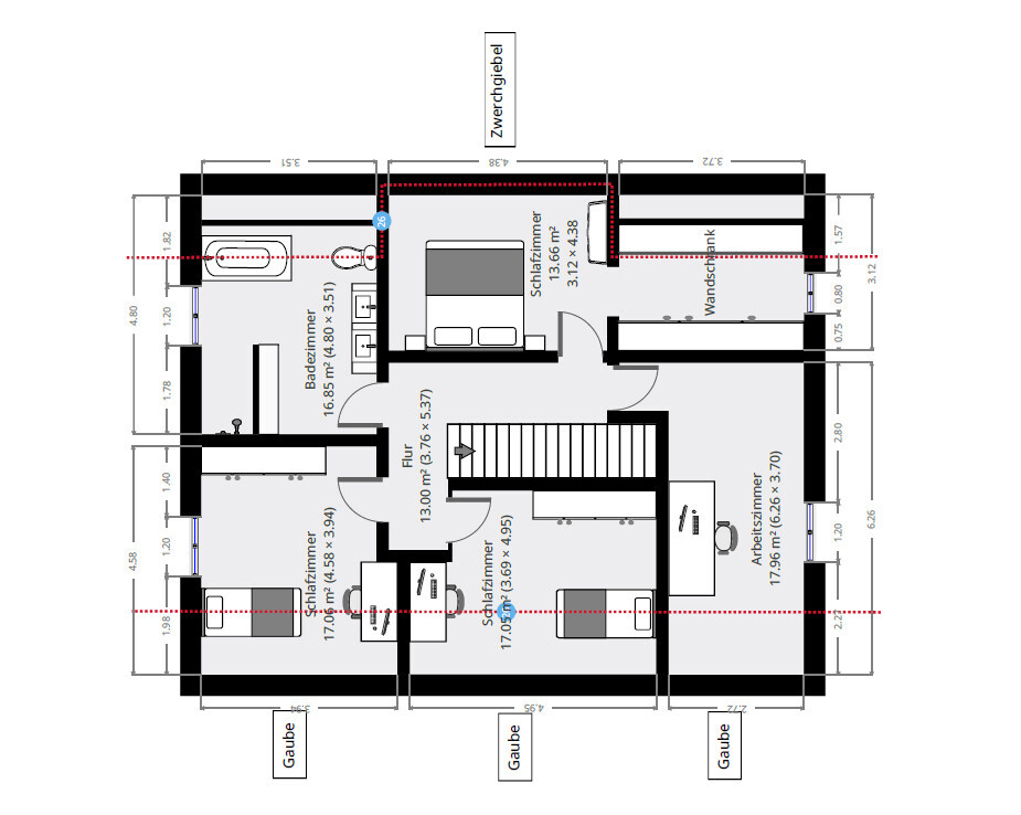 2D-Grundriss eines Hauses mit Zimmern, Türen und Treppen