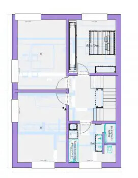 Zweidimensionaler Grundriss eines Hauses mit Zimmern, Flur und Treppe