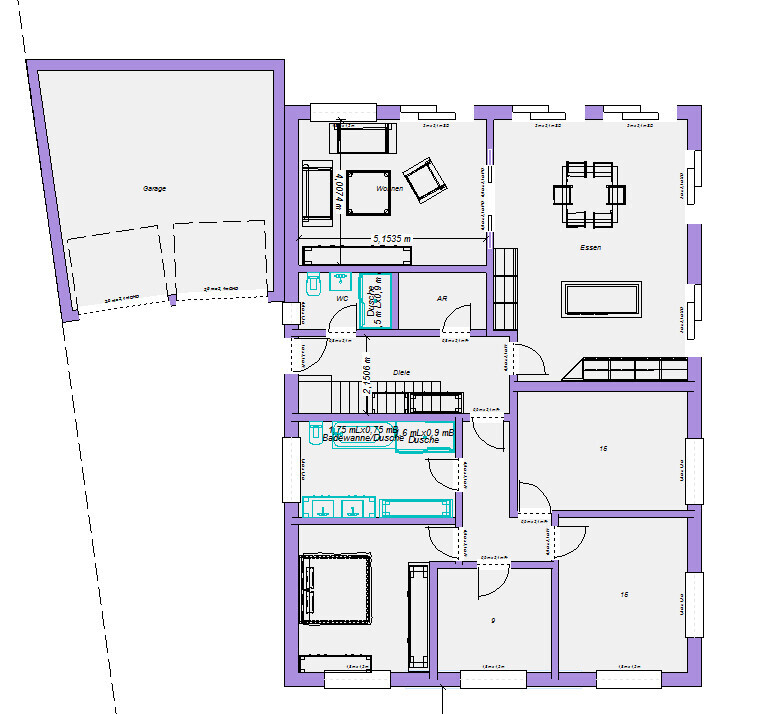 Grundriss eines Hauses: Garage links, Wohnen, Essen, Diele, Bad, WC und Schlafzimmer.