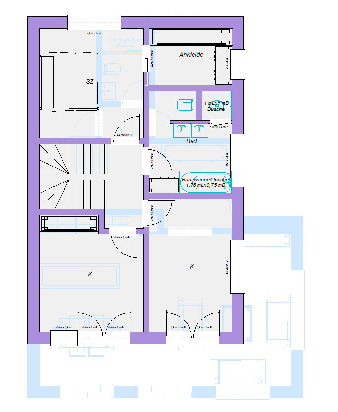 Grundriss eines Wohnhauses mit Schlafzimmer SZ, Küche K, Bad, Ankleide und Treppenhaus.