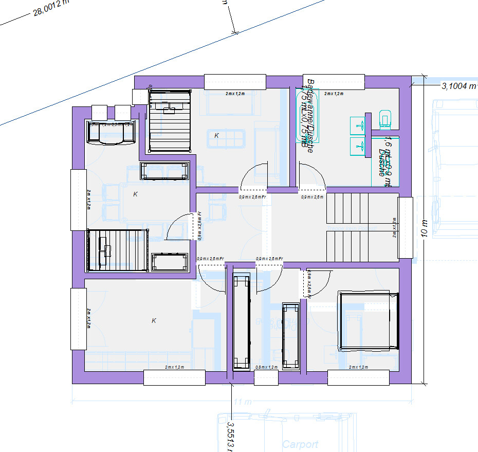 Grundriss eines Hauses mit mehreren Zimmern, Treppen, Küche, Bad und Carport.